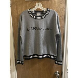 BCBGeneration Mesh Sleeve Pullover Sweatshirt Grey Black White Long Sleeve M